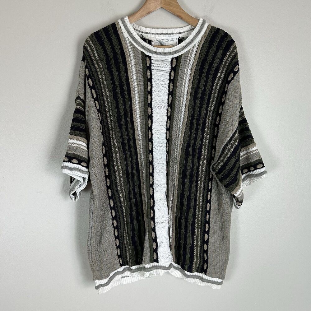 Vintage Diamonds Sweater Mens 3XL Black 3D Knit Coogi Style Short Sleeve 90s